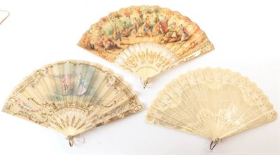 Lot 2125 - A Small Early 20th Century Bone Fan, the monture incised and the designs painted in gold. The paper