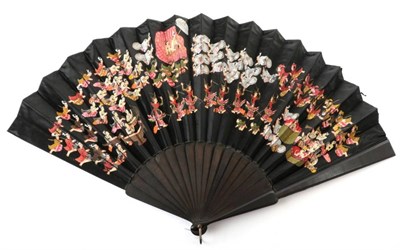 Lot 2147 - A Vibrant Late 19th Century Wooden Fan, the monture painted black, the double black silk leaf...