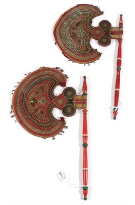 Lot 2148 - A Vibrant Pair of Crescent-Shaped Indian Fixed Fans, Pankha, possibly from Gujarat, made from a...