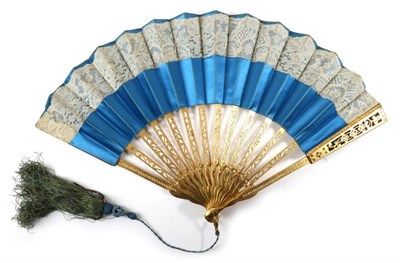 Lot 2156 - A 19th Century Fan, the wooden monture painted brightly in gold, the double leaf of a vibrant...