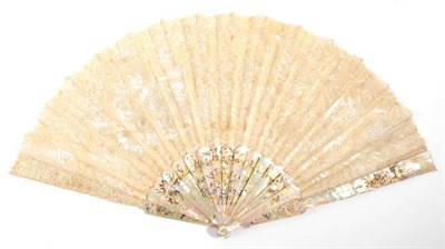 Lot 2160 - A Fine and Large Late 19th Century Mixed Brussels Lace Fan, the green/pink mother-of-pearl...