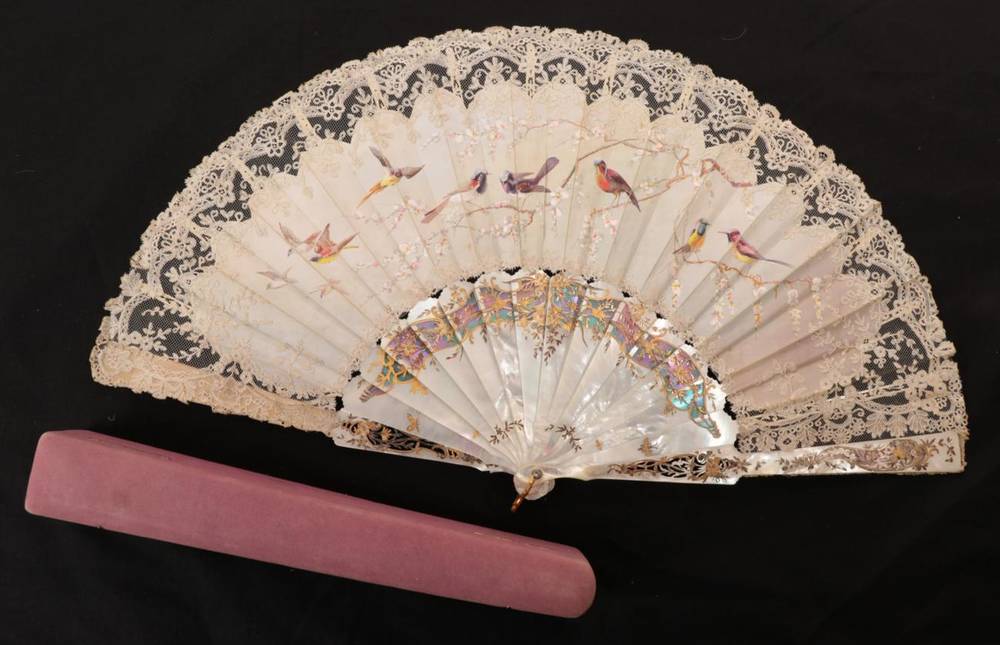 Lot 2174 - Royal Connection: Circa 1880's, A Brussels Bobbin Lace Fan, with painted birds, attributed to...