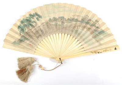 Lot 2177 - A Circa 1880's Japanese Ivory Fan, both the gorge sticks and guards inlaid with Shibayama, of vines