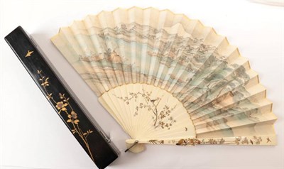 Lot 2179 - A Late 19th Century Japanese Ivory Fan, the guards lacquered in gold featuring birds in flight,...