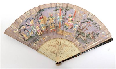 Lot 2188 - A Mid-18th Century Chinese Fan, Qing Dynasty, the gorge sticks of gilded ivory depicting a...