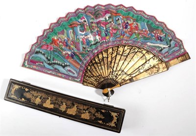 Lot 2194 - A Circa 1870's Chinese Asymmetrical Fan, Qing Dynasty, the double paper leaf painted and...