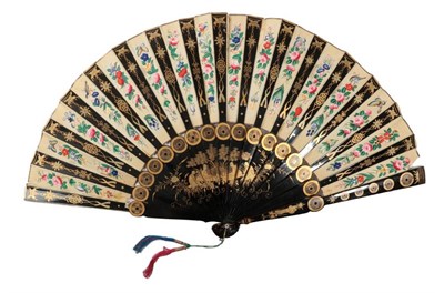 Lot 2195 - A Large and Unusual Chinese Export Black Lacquer Fan, circa 1860 to 1870's, Qing Dynasty, the...