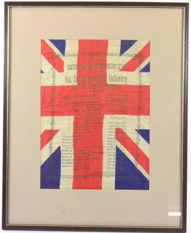 Lot 30 - A Boer War Silk Souvenir Union Jack Handkerchief, printed in gilt with the Natal Engagements of the