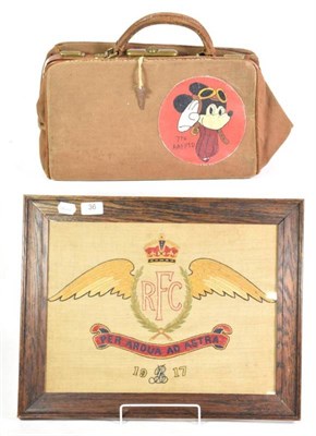Lot 36 - A First World War Royal Flying Corps Embroidered Panel, worked with the crest, motto and date 1917