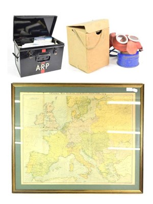 Lot 45 - An ARP First Aid Tin, painted black, red and white, with contents; also, a framed General Map...