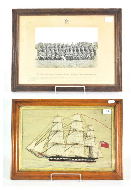 Lot 64 - A 19th Century Sailor's Wool Sampler, worked in long stitch with a three masted gun ship, in a...