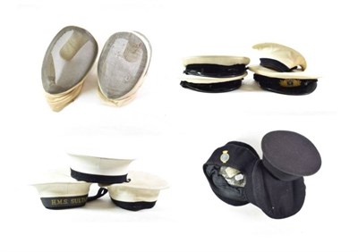 Lot 72 - A Collection of Royal Navy Headgear, comprising three officer's peaked caps, one with bullion...