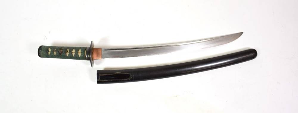 Lot 109 - A Japanese Shinto Period Wakizashi, the 41cm blade with faint billowing hamon, bo'hi running...