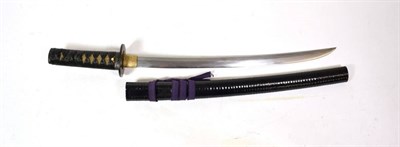 Lot 110 - A Japanese Shinto Period Wakizashi, the 43cm blade with faint shallow wavy hamon, the one piece...