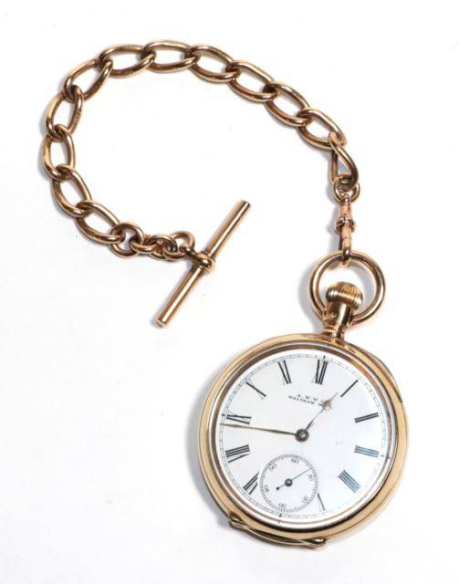 Lot 4 - An open faced pocket watch, signed Waltham, case stamped 10c, together with a 9 carat gold curb...