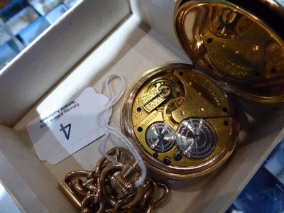 Lot 4 - An open faced pocket watch, signed Waltham, case stamped 10c, together with a 9 carat gold curb...