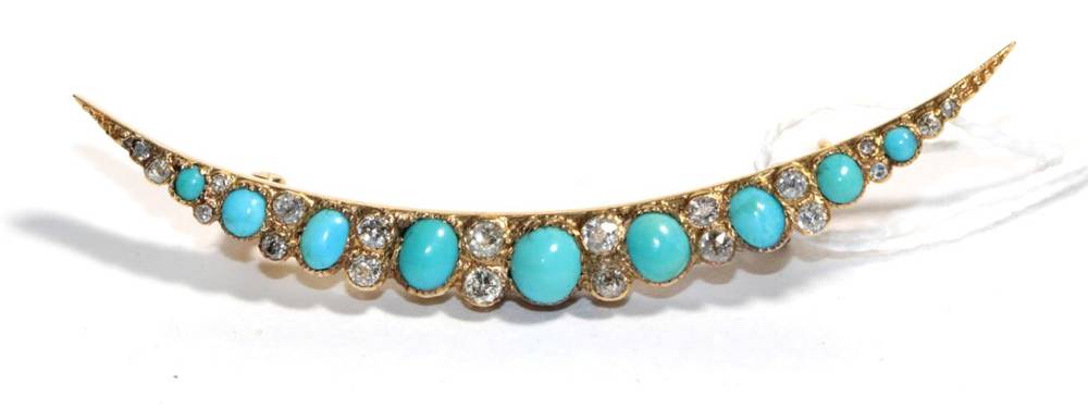 Lot 9 - A Victorian turquoise and diamond crescent brooch, graduated oval turquoise spaced by pairs of...