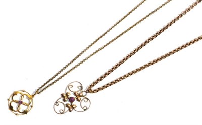 Lot 10 - A 9 carat gold foliate pendant on gilt metal chain, chain length 42cm, pendant length 2.75cm;...