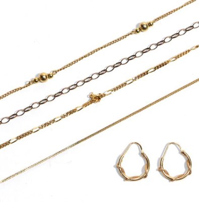 Lot 13 - A group of assorted 9 carat gold chains, of varying lengths (some a.f.); and a pair of hoop...