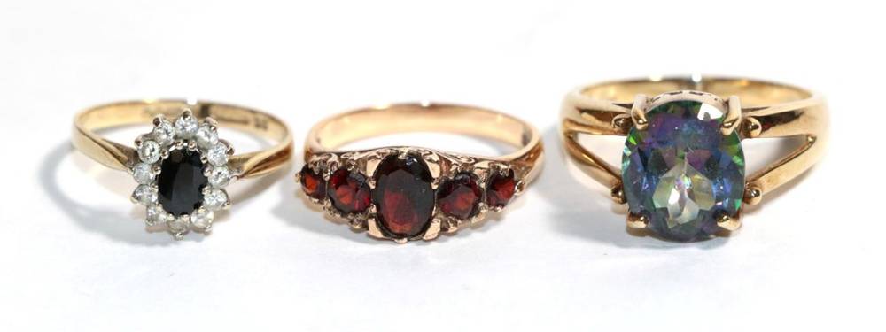 Lot 18 - Three various 9 carat gold gem set rings, finger sizes O1/2, P and S1/2