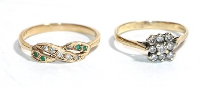 Lot 28 - A 9 carat gold diamond cluster ring, finger size M1/2; and a further gem set ring, stamped...