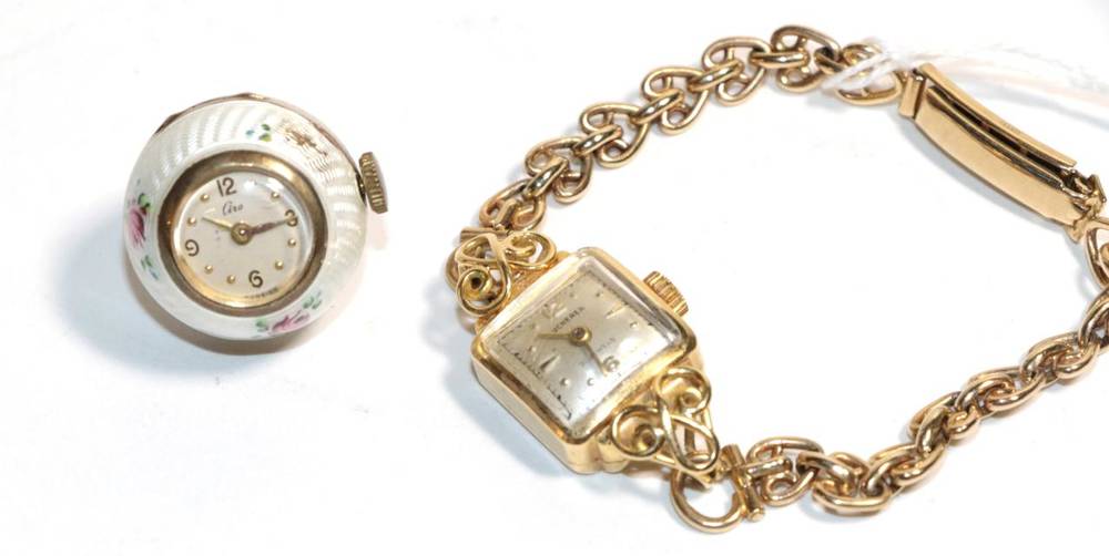 Lot 39 - An 18 carat gold ladies wristwatch, signed Bucherer, on a 9 carat bracelet; and a gilt metal...