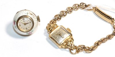 Lot 39 - An 18 carat gold ladies wristwatch, signed Bucherer, on a 9 carat bracelet; and a gilt metal...