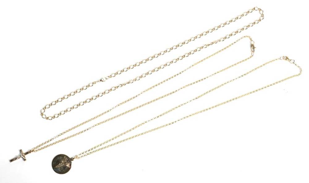 Lot 44 - A 9 carat gold crucifix pendant on a 9 carat gold chain, pendant length 2.5cm, length 51cm; a 9...