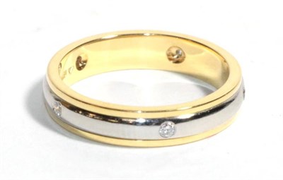 Lot 48 - An 18 carat two colour gold diamond band ring, a white gold band inset with five round...