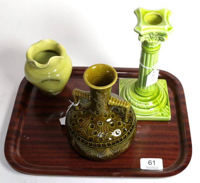 Lot 61 - A Burmantofts Faience pottery candlestick, lime glaze, impressed factory mark and 1198, 21cm; a...