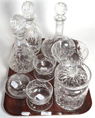 Lot 76 - Two Waterford glass decanters; another decanter; Webb butter dish; two Waterford sundae dishes;...