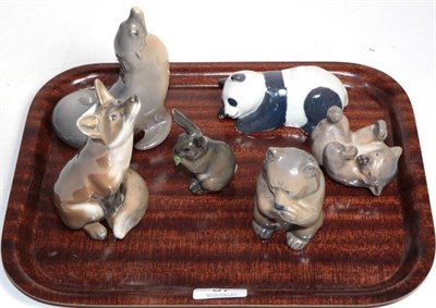 Lot 87 - Six Royal Copenhagen porcelain animal ornaments comprising two bears; panda; rabbit; seal and fox