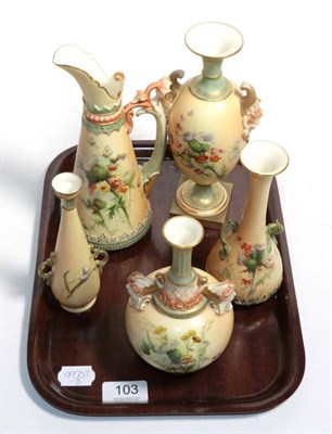 Lot 103 - Five pieces of Royal Worcester blush ivory comprising a jug and four vases