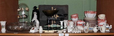 Lot 104 - Quantity of china; tea wares; Barbola mirror; miniature Toby jugs; scales; Russian figure etc