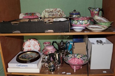 Lot 106 - Two shelves of assorted ceramics including mailing, plated wares etc