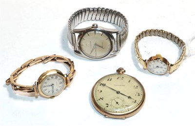 Lot 108 - A 9 carat gold ladies wristwatch with bracelet strap stamped '9CT', another ladies 9 carat gold...