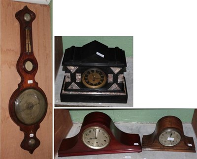 Lot 111 - Two mantel clocks; a Victorian black slate mantel timepiece and a Victorian rosewood wheel...