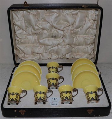 Lot 113 - Aynsley yellow ground coffee set with silver mounts