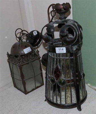 Lot 114 - An Art Nouveau colour glass lantern form ceiling light and a small lantern form ceiling light (2)