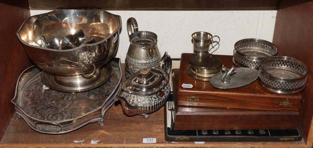 Lot 137 - Three cased sets of fish eaters, a pair of plated bottle coasters, a plated punch bowl and...