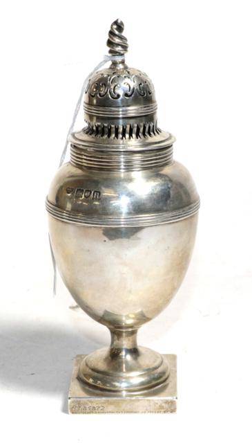 Lot 138 - An Edwardian silver ovoid pedestal caster, by Goldsmiths & Silversmiths Co. London, 1908, 6.4ozt