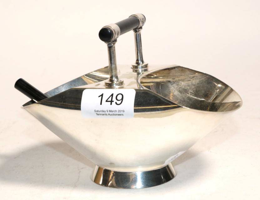 Lot 149 - Christopher Dresser: An electroplated sugar bowl and scoop, mark of Hukin & Heath, stamped with...