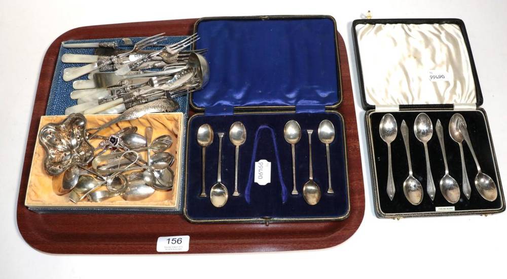Lot 156 - A quantity of silver teaspoons; mother of pearl handled fruit cutlery; crested spoons etc