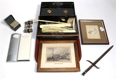Lot 159 - Two framed pictures; cross pen/pencil set; letter opener with inlaid handle; four ivory/bone items