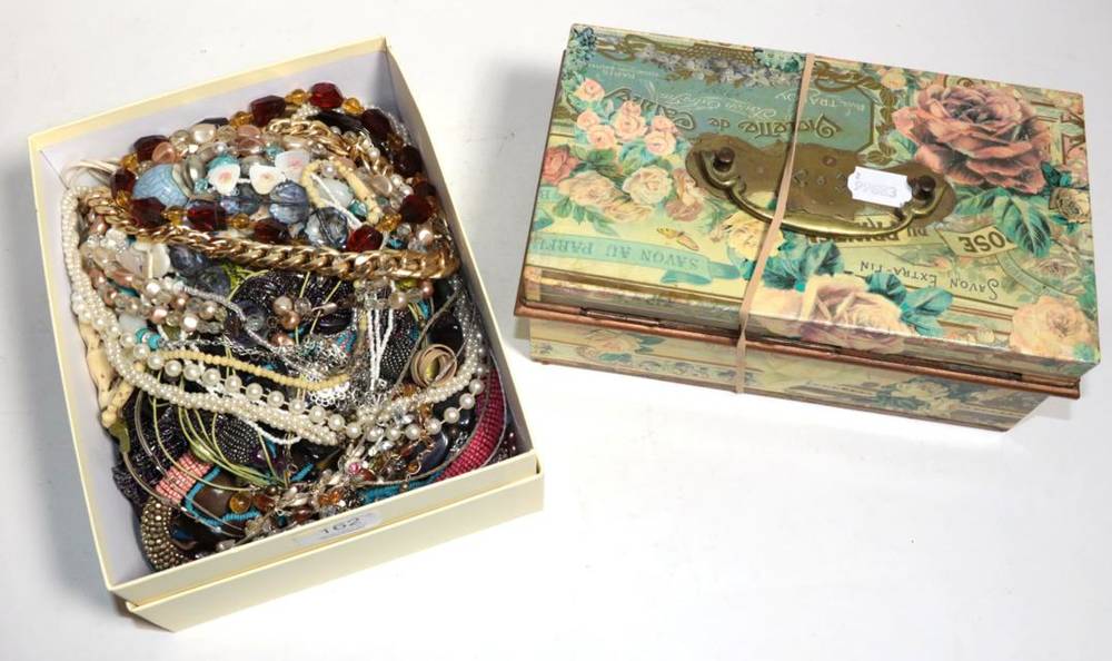 Lot 162 - A box of costume jewellery and decoupage decorated cash box