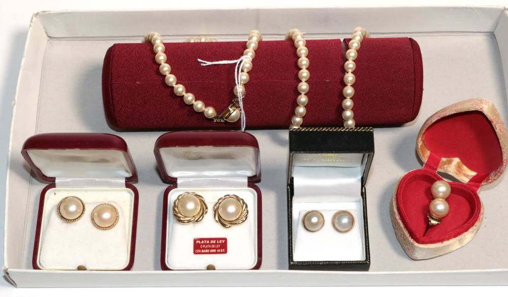 Lot 165 - A simulated pearl necklace, length 82cm; three pairs of simulated pearl earrings; and a pair of...