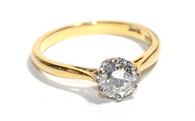 Lot 171 - A solitaire diamond ring, a round brilliant cut diamond in white claw setting, to a yellow...