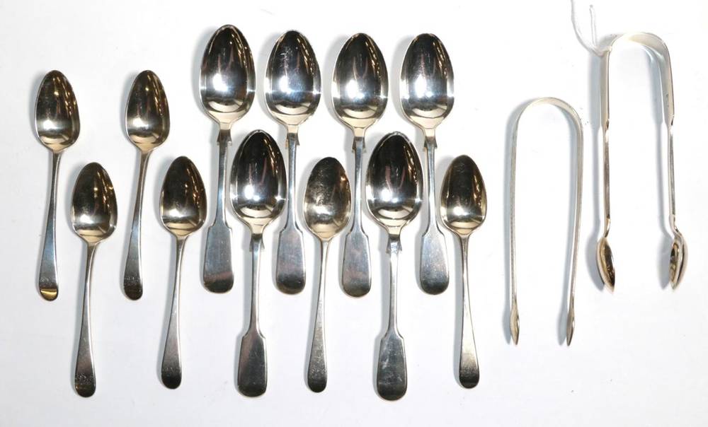 Lot 179 - A set of six silver fiddle pattern teaspoons, Josiah Williams & Co, Exeter, 1874, and a pair of...