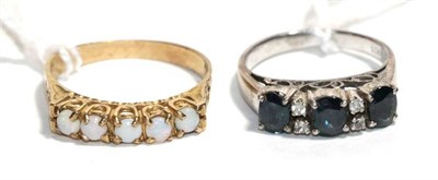 Lot 184 - A 9 carat gold opal five stone ring, finger size Q; and a sapphire and diamond ring, stamped...