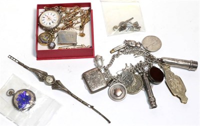 Lot 186 - Assorted items: gem set gold jewellery, silver 'charm' bracelet, fob watch, etc